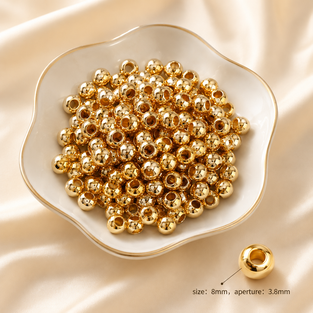 Lu 100pcs Color-Retention Electroplated Gold ABS Large-Hole Round Beads