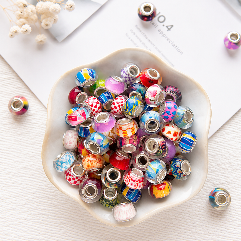 Lu 100pcs Large Hole Resin Printed Colorful Beads
