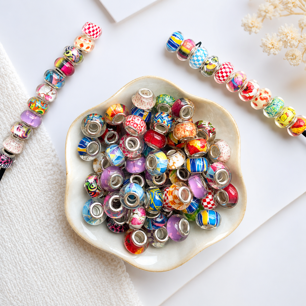 Lu 100pcs Large Hole Resin Printed Colorful Beads