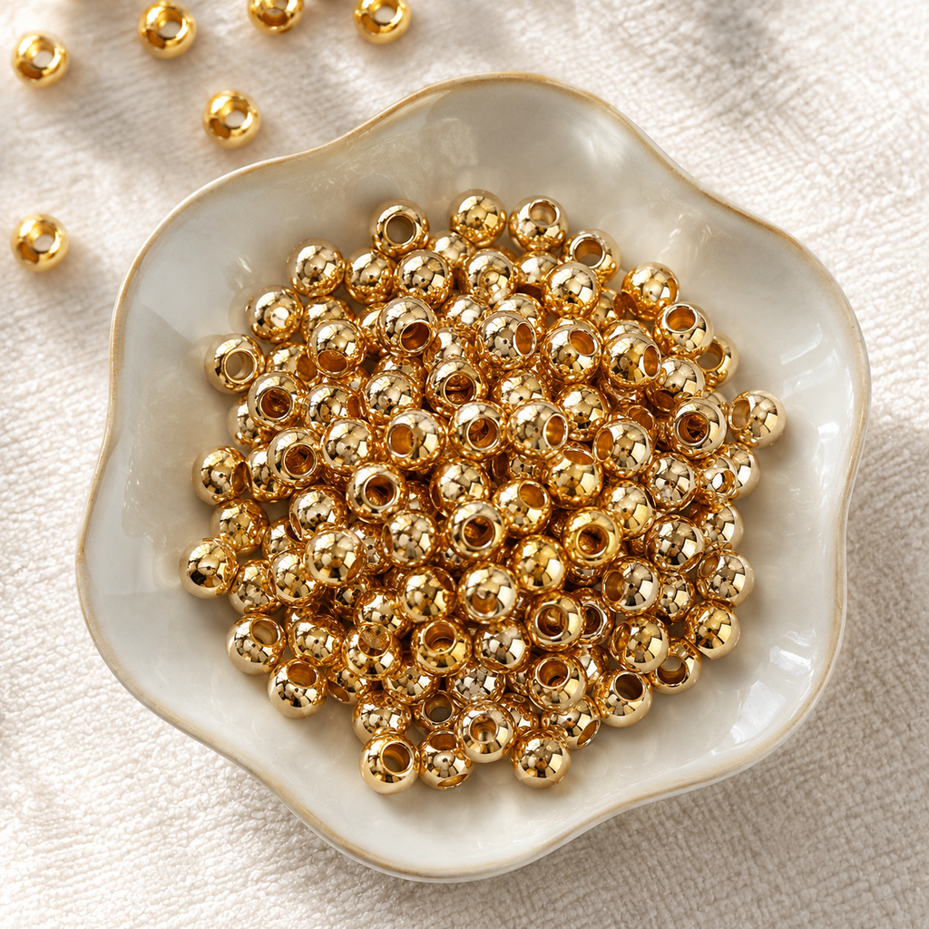 Lu 100pcs Color-Retention Electroplated Gold ABS Large-Hole Round Beads